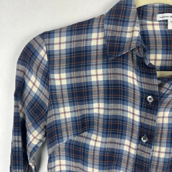 Standard James Perse Womens Plaid Button Down Tomboy Shirt Size 0 Blue White - Picture 2 of 6